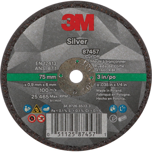 Meule &agrave; tronçonner Silver, 3" x 0,04", Arbre de 1/4"-28, Type 1, C&eacute;ramique, 25645 Tr/min Nassau Supply