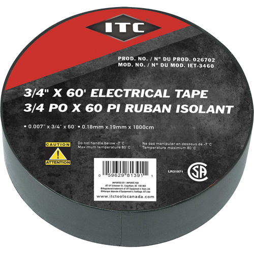 IET-3460 Ruban isolant, Ruban &eacute;lectrique, Rubans isolant, 19 mm (3/4") x 18,28 m (60'), Noir Nassau Supply