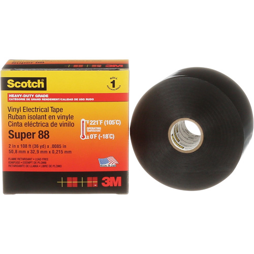 Ruban isolant Super 88 de calibre professionnel Scotch, 51 mm (2") x 33 m (108'), Noir, 8,5 mils Nassau Supply