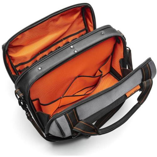 17" Tradesman Closed Top Tool Bag, Polyester, 3 Pockets, Black/Grey/Orange Nassau Supply