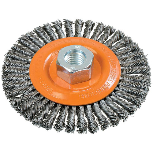 Brosse &agrave; fils nou&eacute;s pour cordons de soudure, Dia. 4-1/2", Fils 0,02", Arbre 5/8"-11, Acier Nassau Supply