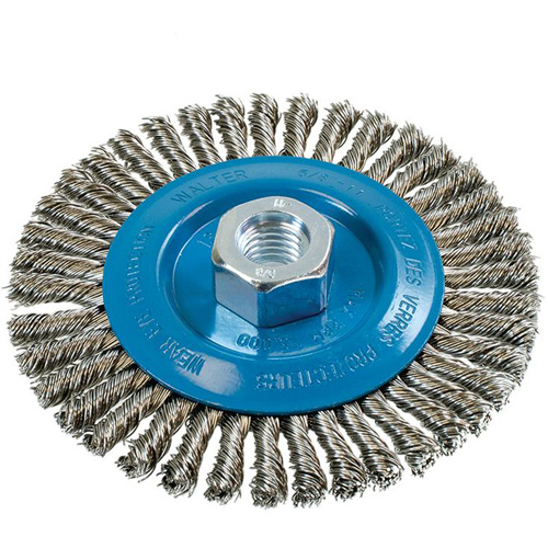 Brosse &agrave; fils &eacute;troits nou&eacute;s et torsad&eacute;s, Dia. 5", Fils 0,02", Arbre 5/8"-11, Aluminium/Acier inoxydable Nassau Supply
