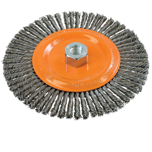 Brosse &agrave; fils nou&eacute;s pour cordons de soudure, Dia. 6-7/8'', Fils 0,02", Arbre 5/8"-11, Acier Nassau Supply