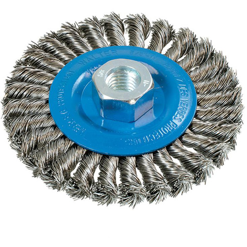 Wide Knotted Wire Wheel Brush, 4-1/2" Dia., 0.02" Fill, 5/8"-11 Arbor, Aluminum/Stainless Steel Nassau Supply