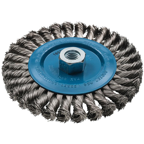 Brosse rotative &agrave; fils nou&eacute;s large, Dia. 6", Fils 0,02", Arbre 5/8"-11, Aluminium/Acier inoxydable Nassau Supply