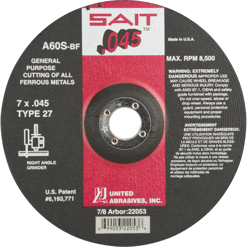 Depressed Center Cut-Off Wheel, 7" x 0.045", 7/8" Arbor, Type 27, Aluminum Oxide, 8500 RPM Nassau Supply
