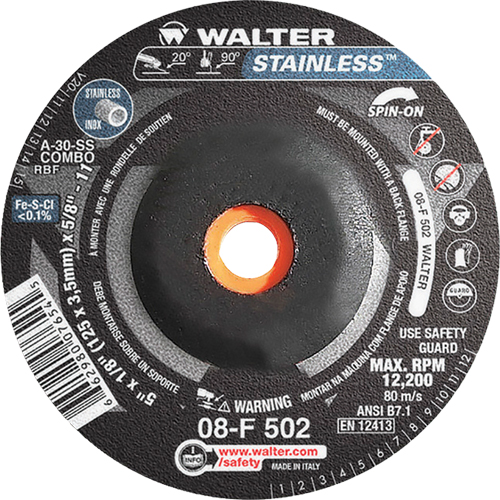 Meules &agrave; moyeu d&eacute;port&eacute; - Acier inoxydable type 27, 5" x 1/8", Arbre de 5/8"-11, Type 27S Nassau Supply