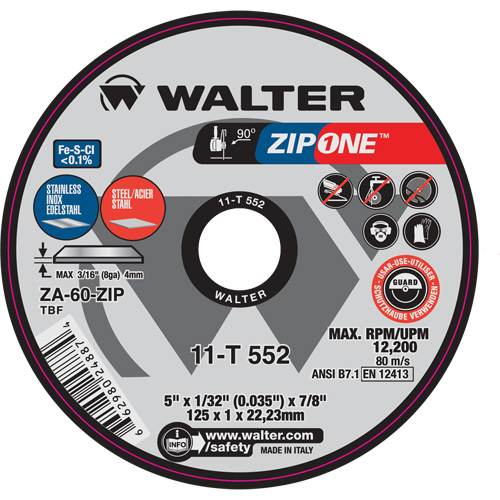 Zip One Cut-Off Wheel, 5" x 1/32", 7/8" Arbor, Type 1, Zirconia Alumina, 12200 RPM Nassau Supply