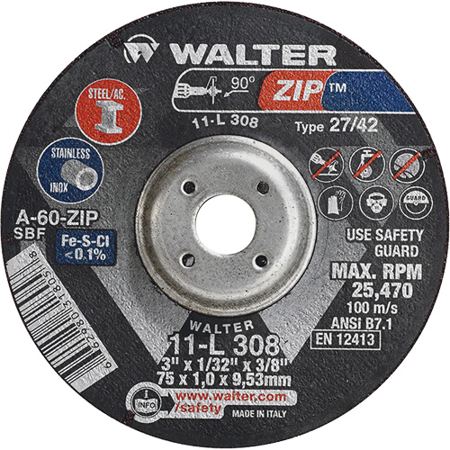 Disque de meulage et de tronçonnage Zip, 3" x 1/13", Arbre de 3/8", Type 27, Grain de 60, Oxyde d'aluminium Nassau Supply