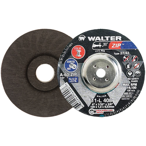Disque de meulage et de tronçonnage Zip, 4" x 1/32", Arbre de 3/8", Type 27, Grain de 60, Oxyde d'aluminium Nassau Supply