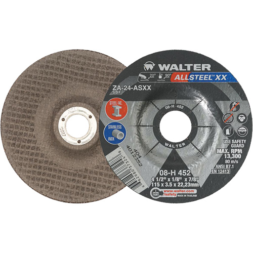 Depressed Centre Grinding Wheels - ALLSTEEL XX, 4-1/2" x 1/8", 7/8" Arbor, Type 27, Zirconia Alumina, 13300 RPM Nassau Supply