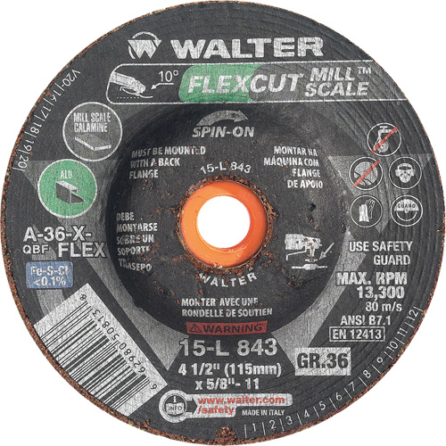 Meule FLEXCUT MILL SCALE, 4-1/2", 36 Grain, Oxyde d'aluminium, 5/8"-11, 13 300 Tr/min, Type 29 Nassau Supply