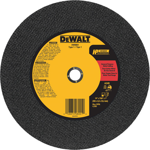 General Purpose Metal Cutting Chop Saw Wheel, 14" x 7/64", 1" Arbor, Type 1, Aluminum Oxide, 4300 RPM Nassau Supply