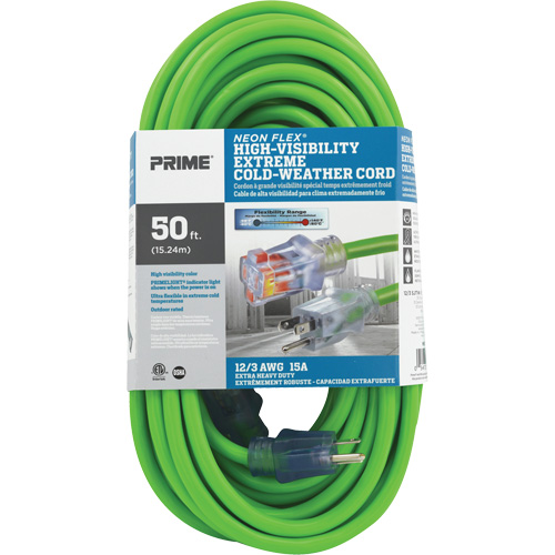 Neon Flex&reg; High Visibility Extension Cord, Outdoor, SJTW, 12/3 AWG, 15 A, 50' Nassau Supply