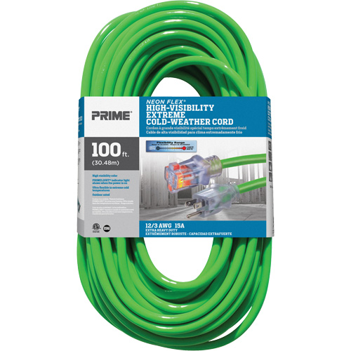 Neon Flex&reg; High Visibility Extension Cord, Outdoor, SJTW, 12/3 AWG, 15 A, 100' Nassau Supply
