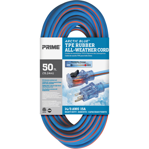 Cordon rallonge Arctic Blue, Toutes saisons, SJEOW, AWG 14/3, 15 A, 50' Nassau Supply