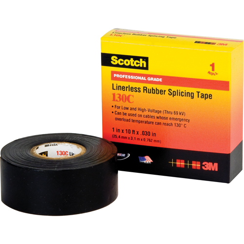 Scotch&reg; Linerless Rubber Splicing Tape 130C, 25.4 mm (1") x 9.14 m (30'), Black Nassau Supply