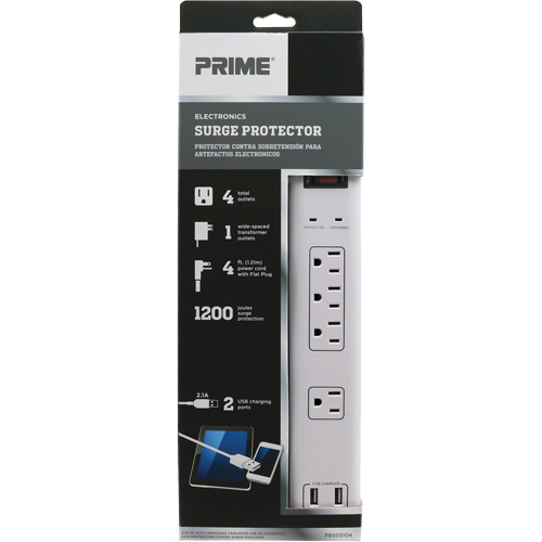 Limiteurs de surtension avec chargeur USB, 4 Prises, 1200 J, 1875 W, Cordon 4' Nassau Supply