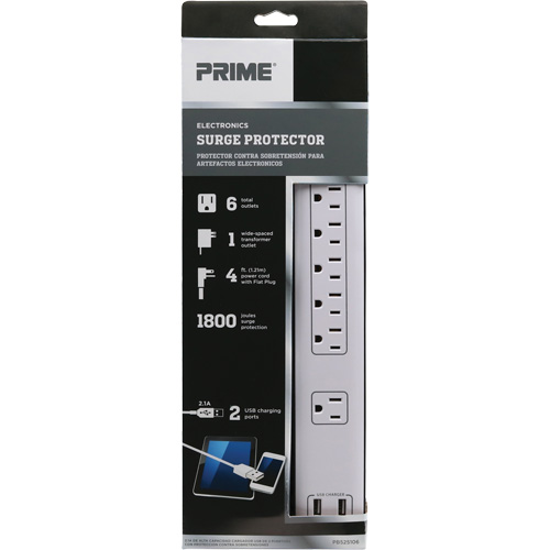 USB Charging Surge Protectors, 6 Outlets, 1800 J, 1875 W, 4' Cord Nassau Supply