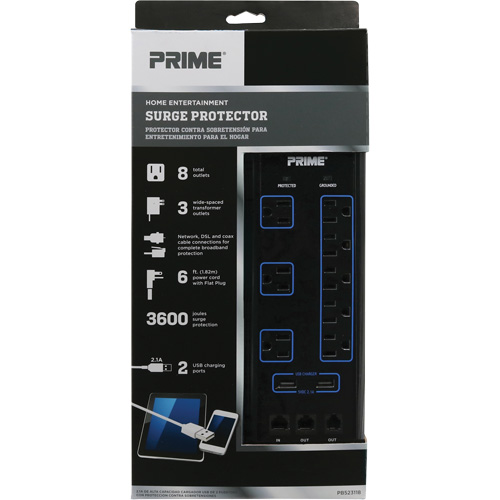 USB Charging Surge Protectors, 8 Outlets, 3600 J, 1875 W, 6' Cord Nassau Supply