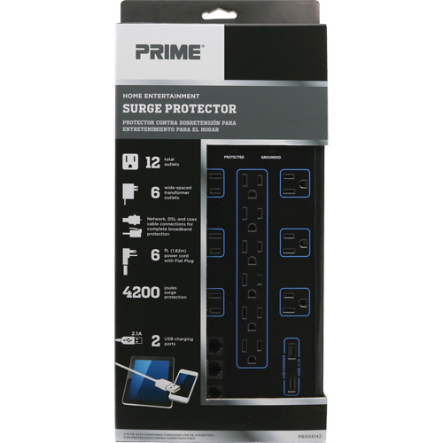 Limiteurs de surtension avec chargeur USB, 12 Prises, 4200 J, 1875 W, Cordon 6' Nassau Supply