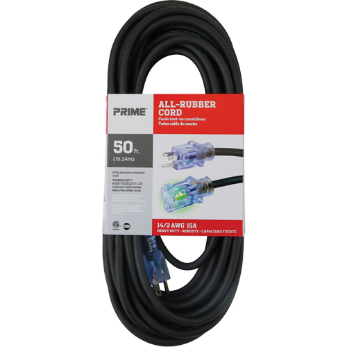 All-Rubber Extension Cord, Outdoor, SJOOW, 14/3 AWG, 15 A, 50' Nassau Supply