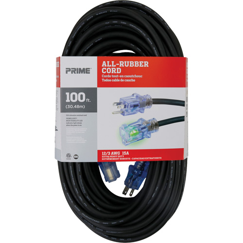 Cordon rallonge All-Rubber, Ext&eacute;rieur, SJOOW, AWG 12/3, 15 A, 100' Nassau Supply