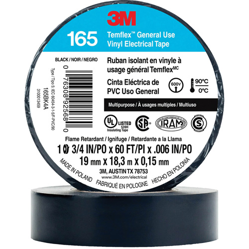 Ruban isolant en vinyle &agrave; usage g&eacute;n&eacute;ral Temflex 165, 19 mm (3/4") x 18 m (60'), Noir, 6 mils Nassau Supply