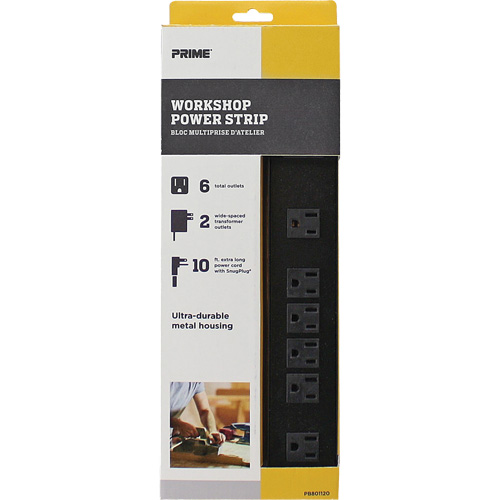 Metal Workshop Power Strip, 6 Outlet(s), 10', 15 A, 1875 W, 125 V Nassau Supply