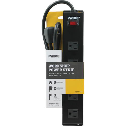 Metal Workshop Power Strip, 6 Outlet(s), 3', 15 A, 1875 W, 125 V Nassau Supply