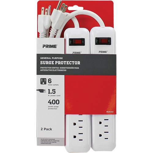 Barre multiprise limiteur de surtension, paquet de 2, 6 Prises, 400 J, 1875 W, Cordon 1,5' Nassau Supply