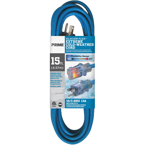 Cordon rallonge pour le froid extr&ecirc;me Glacier Flex, Ext&eacute;rieur, SJTW, AWG 16/3, 13 A, 15' Nassau Supply