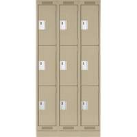Clean Line Lockers, 3 -tier, Bank of 3, 36" x 18" x 76", Steel, Beige, Rivet (Assembled) Nassau Supply