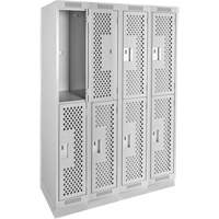 Clean Line Lockers, 2 -tier, Bank of 4, 48" x 15" x 76", Steel, Grey, Rivet (Assembled), Perforated Nassau Supply