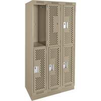 Clean Line Lockers, 2 -tier, Bank of 3, 36" x 15" x 76", Steel, Beige, Rivet (Assembled), Perforated Nassau Supply