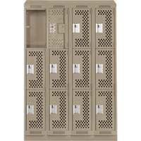 Clean Line Lockers, 3 -tier, Bank of 4, 48" x 15" x 82", Steel, Beige, Rivet (Assembled), Perforated Nassau Supply