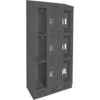Clean Line Lockers, 3 -tier, Bank of 3, 36" x 15" x 82", Steel, Charcoal, Rivet (Assembled), Perforated Nassau Supply