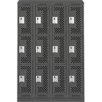 Clean Line Lockers, 3 -tier, Bank of 4, 48" x 15" x 82", Steel, Charcoal, Rivet (Assembled), Perforated Nassau Supply