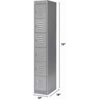Lockers, 6 -tier, 12" x 18" x 72", Steel, Grey, Knocked Down Nassau Supply