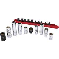 Jeu de douilles chrom&eacute;es avec rail, 10 Morceaux, Prise de 1/4"/3/8" Nassau Supply