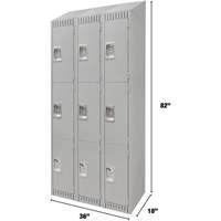 Lockers, 3 -tier, Bank of 3, 36" x 18" x 82", Steel, Grey, Knocked Down Nassau Supply