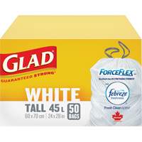 Sacs &agrave; ordures hauts 45 L avec Febreze, R&eacute;gulier, 24" la x 28" lo, Blanc Nassau Supply