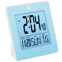 Desktop Clock, Digital, Battery Operated, 3.6" W x 1.5" D x 3.6" H, Blue Nassau Supply