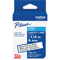 Ruban lamin&eacute; TZe-211 pour &eacute;tiqueteuses P-Touch compatibles avec les rubans TZe, Noir sur blanc, Largeur de 0,23" Nassau Supply