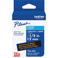 Ruban lamin&eacute; TZe-334 pour &eacute;tiqueteuses P-Touch compatibles avec les rubans TZe, Noir sur or, Largeur de 0,47" Nassau Supply