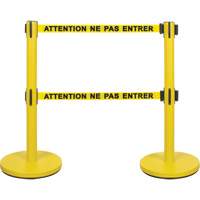 Barri&egrave;re pour le contr&ocirc;le des foules &agrave; courroie double, Acier, 35" h, Ruban Jaune, Longueur du ruban 7' Nassau Supply