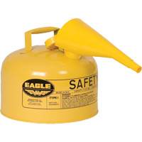 Bidon de s&eacute;curit&eacute; pour le diesel avec entonnoir, Type I, Acier galvanis&eacute;, 2,5 gal. US, Jaune, Homologu&eacute; FM/List&eacute; UL/ULC Nassau Supply