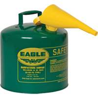 Bidon de s&eacute;curit&eacute; pour les combustibles avec entonnoir, Type I, Acier galvanis&eacute;, 5 gal. US, Vert, Homologu&eacute; FM/List&eacute; UL/ULC Nassau Supply