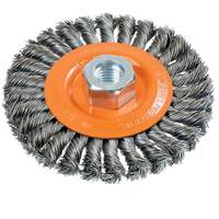 Wide Knotted Wire Wheel Brush, 4-1/2" Dia., 0.02" Fill, 5/8"-11 Arbor, Steel UE934 | Nassau Supply