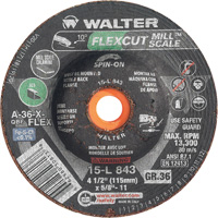 Meule FLEXCUT MILL SCALE, 4-1/2", 36 Grain, Oxyde d'aluminium, 5/8"-11, 13 300 Tr/min, Type 29 Nassau Supply